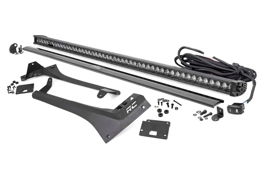 Worldwide Shipping Jeep 50-Inch Straight LED Light Bar Upper Windshield Kit w/ Single-Row Black Series LED White DRL 20-Up Gladiator JT 18-20 Wrangler JL Rough Country