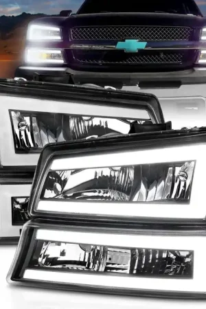 Price Cut ANZO 2003-2006 Chevrolet Silverado 1500 Crystal Headlights w/ Light Bar Black Housing