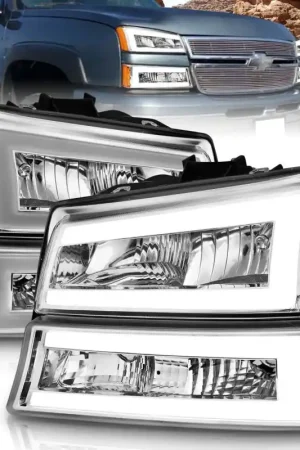 New Arrival ANZO 2003-2006 Chevrolet Silverado 1500 Crystal Headlights w/ Light Bar Chrome Housing