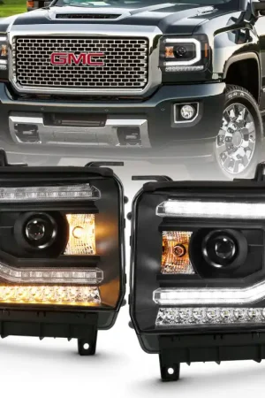 ANZO 2016-2019 GMC Sierra 1500 Projector Headlight Plank Style Black w/ Sequential Amber Signal Free Delivery