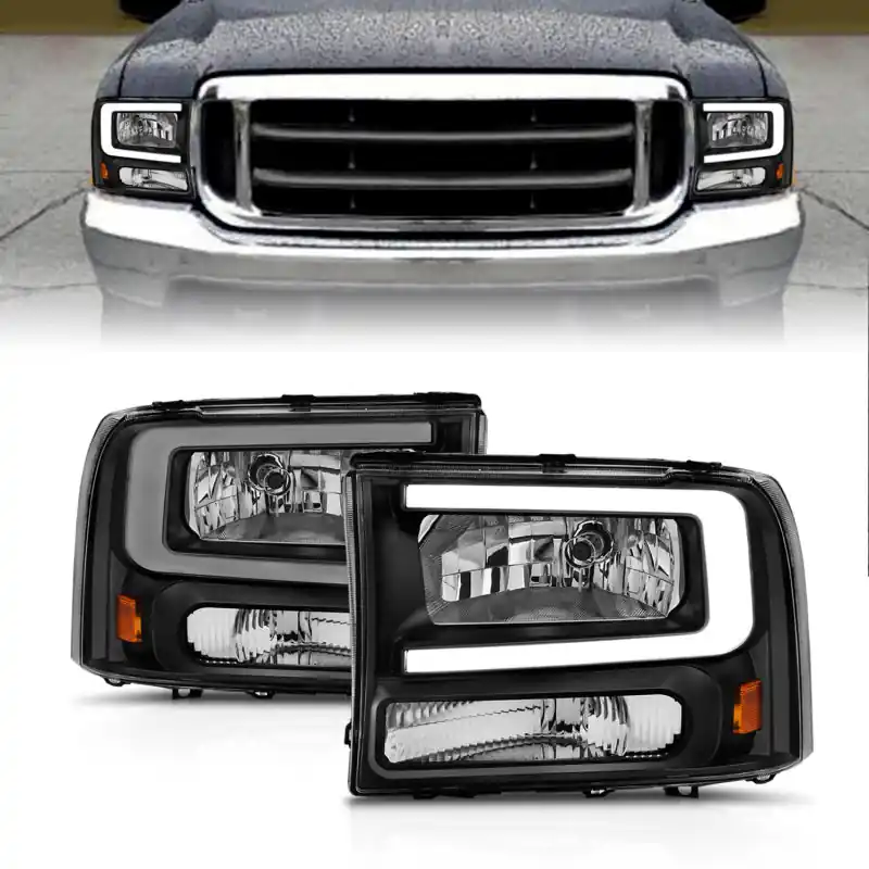 Factory Price ANZO 99-04 Ford F250/F350/F450/Excursion (excl. 99) Crystal Headlights - w/ Light Bar Black Housing