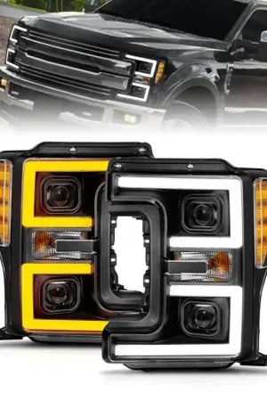 Warranty Included ANZO 17-19 Ford F-250/350/450 SD (w/o Factory LED) LED Proj Headlights w/Light Bar Switchback Blk