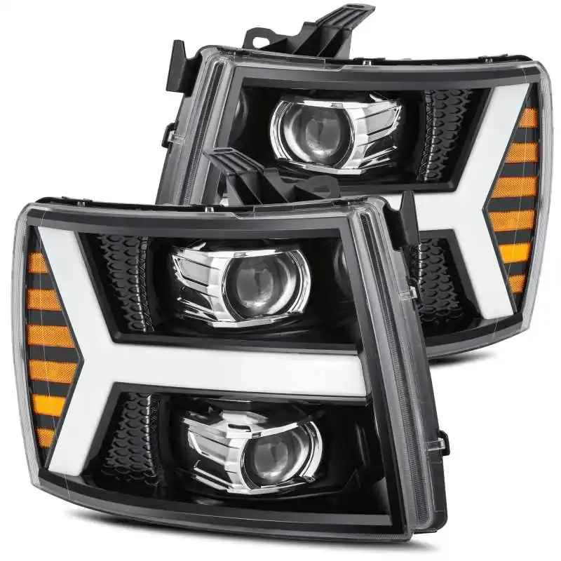 AlphaRex 07-13 Chevy 1500 LUXX LED Proj Headlights Plank Style Jet Blk w/ Activ Light/Seq Signal/DRL Super Sale