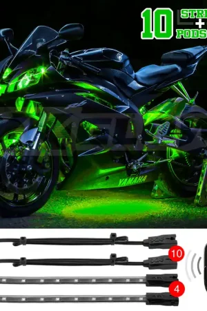 XK Glow Strips Single Color XKGLOW LED Accent Light Motorcycle Kit Green - 10xPod + 4x8In Wholesale
