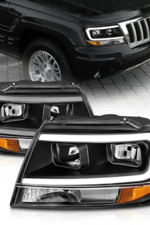 Special Offer ANZO 99-04 Jeep Grand Cherokee Crystal Headlights - w/ Light Bar Black Housing