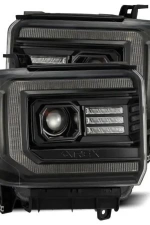 AlphaRex 14-18 GMC Sierra LUXX LED Proj Headlights Plnk Style Alpha Blk w/Activ Light/Seq Signal/DRL Limited Offer