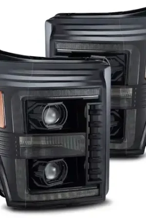 Premium AlphaRex 11-16 Ford F-350 SD LUXX LED Proj Headlights Plank Style Alpha Blk w/Activ Light/Seq Signal