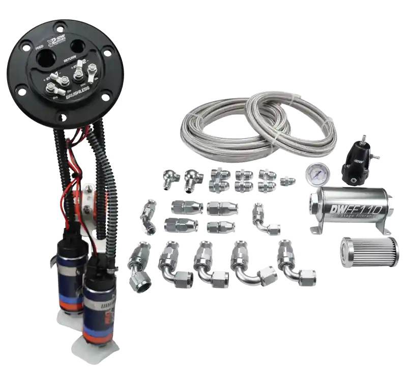 Hassle-Free Returns DeatschWerks X2 Series Fuel Pump Hanger w/ Dual DW420 Pumps/PTFE Plumbing kit for 92-00 Honda Civic | Graveyard Performance